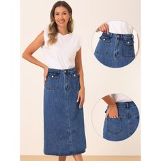 The basic design creates a casual yet stylish look, a must-have in any woman's wardrobe. This jean skirt features a classic denim fabric with a drape. The flap pockets add a trendy and functional element to the skirt, providing extra storage space. Pair it with a fitted blouse and heels for a chic and sophisticated look, or go for a more casual vibe by pairing them with a graphic tee. Non-stretch Denim Blue Skirt With Pockets, Denim Blue Skirt With Pockets, Non-stretch Denim Skirt With Pockets, Non-stretch Medium Wash Skirt With Pockets, High Waist Non-stretch Denim Skirt With Pockets, Non-stretch Cotton Denim Skirt With Pockets, High Waist Denim Skirt With Pockets And Relaxed Fit, High Waist Denim Skirt With Pockets For Work, Spring Denim Blue Skirt With Side Pockets