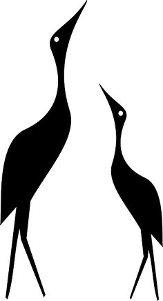 two black and white silhouettes of birds with long legs, one is looking at the other