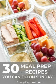 the meal prep trays are filled with different types of vegetables, meat and fruit