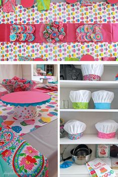 the table is decorated with colorful paper plates and napkins