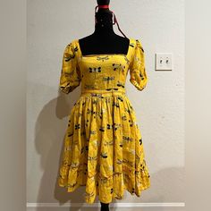 Authentic Only Worn Twice Agua Bendita Dress With A Dragonfly Pattern In A Beautiful Rich Yellow. Perfect For Many Occasions. Size Small Dragonfly Pattern, Dragonfly Print, Dragonfly Prints, Gold Yellow, Print Dress, Midi Dress, Womens Dresses, Yellow, Pattern