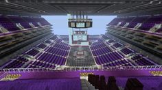 an empty stadium with purple seats and a basketball hoop hanging from the ceiling in minecraft