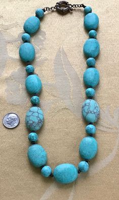 "Pretty vintage turquoise stone beaded necklace is very nice. I am not sure if this is genuine turquoise or howlite. The necklace measures 19\" in length and is in good vintage condition. The necklace has a large spring ring clasp that has wear on it." Beaded Turquoise Howlite Necklace, Earth Tone Palette, Stone Beaded Necklace, Purple Rhinestone, Genuine Turquoise, Vintage Turquoise, Rhinestone Necklace, Link Necklace, Faceted Bead