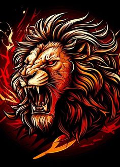 a lion with its mouth open and flames in the background