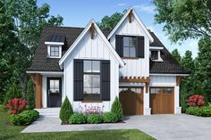 this is an artist's rendering of a house in the country style with two garages