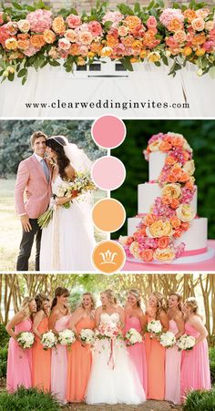 wedding color scheme with peach, pink and yellow flowers on the top right is an image of a bride and groom standing next to each other bridal