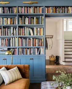 a living room filled with lots of books on top of a blue book shelf next to a couch