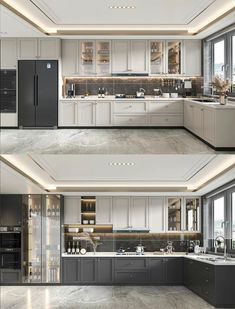 two pictures of the same kitchen in different positions