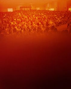 an auditorium full of people sitting and standing in front of a red screen with the lights on