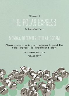 an advertisement for the polar express featuring silver bells in front of a green and white background