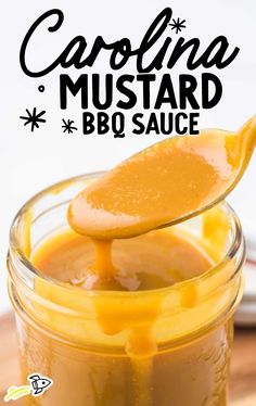 a spoon full of caramel mustard sauce on top of a wooden cutting board with text overlay