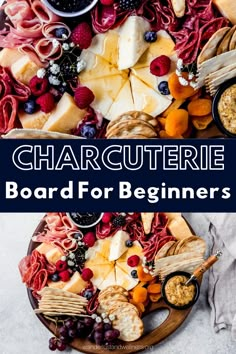 a platter with cheeses, fruit and crackers on it that says charcuterie board for beginners