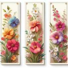 three paintings of flowers are hanging on the wall, each with different colors and sizes