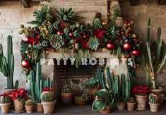 a mantel covered in potted plants and christmas decorations