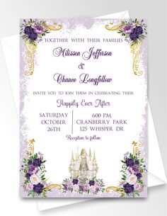 a wedding card with purple flowers and castle on it