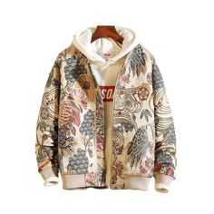 Upgrade your casual wardrobe with our Beige Floral Bomber Jacket. Crafted from high-quality fabric, this jacket offers the perfect balance of style and comfort. The beige hue adds a touch of sophistication to the classic bomber jacket design, making it an ideal choice for everyday wear *Jacket runs small so order two sizes up and make sure you check the size chart before ordering! Key Characteristics: Material is Cotton and Polyester Collar: Turn down collar Closure Type: Zipper Shipping: Guaran Embroidered Coat, Fashion Stand, Stand Collar Jackets, Streetwear Men, Collared Coat, Hip Hop Streetwear, Embroidered Jacket, Jacket Design, Men's Coats And Jackets