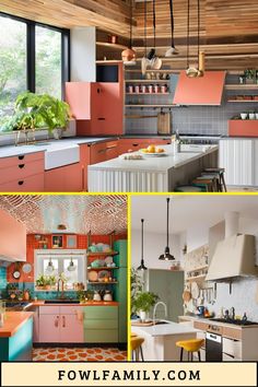 the kitchen is decorated in different colors and styles, including oranges, pinks, yellows, and green