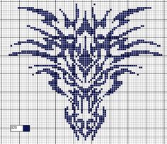 a cross stitch pattern with an image of a dragon's head in blue and white