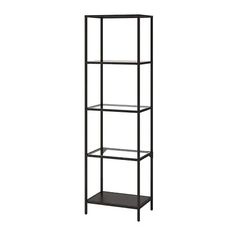 a tall black shelf with three shelves on each side and one is open to show the bottom