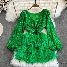 Lasaky - Long Sleeve Sparkling Sequin Accent Waistline Feather Panel Swing Dress Mint Green Shorts, Long Sleeve Sequin, Maxi Dress Green, Color Rojo, Lantern Sleeve, Short Skirt, Hem Dress, Lantern Sleeves, Olivia Mark