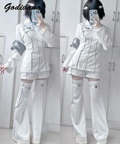 Original Subculture Mine Series Mechanical Style Zipper Jacket Coat and Shorts Suit Leg Warmer Y2K White Futuristic Outfit, Cybercore Aesthetic Outfits, Cybercore Outfit, Epic Clothes, Zipper Jacket, Short Suit, White Outfits, Leg Warmers, Aesthetic Clothes