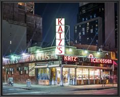 an image of a restaurant called katz's in the middle of the city at night