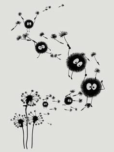 three black and white dandelions blowing in the wind with numbers drawn on them