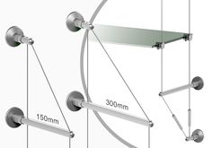 three different angles of the wall mounted shower faucet with glass shelf above it