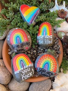 painted rocks with the words love grows here and you rock written on them in rainbow colors