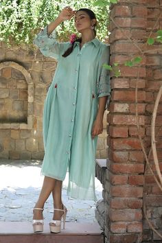 Buy Green Handwoven Chanderi Embroidered Aari Work Sleeve Shirt Dress For Women by Desert Shine by Sulochana Jangir Online at Aza Fashions. Aari Work Sleeve, Shirt Dress For Women, Mint Dress, Aari Embroidery, Cotton Kurti, Dress Shirt Sleeves, Aari Work, Scalloped Hem, Dress For Women