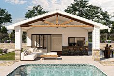 a small pool house with a covered patio next to it and a swimming pool in the foreground