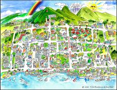 a drawing of a city map with lots of colorful buildings and mountains in the background