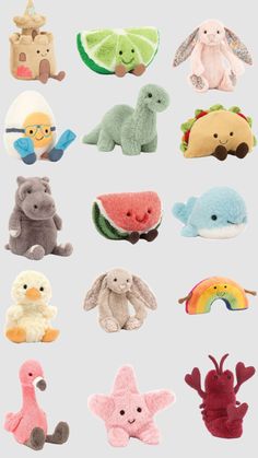 several stuffed animals are shown in different colors