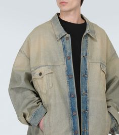 Find BALENCIAGA Oversized Denim Jacket on Editorialist. Material: 100% cotton. Care instructions: machine wash at 30 degrees. Made in Italy. Designer color name: Inside Out. Pocket lining: 65% polyester, 35% cotton. Closure: buttoned front. Pockets: flap chest pockets. Distressed Cotton Outerwear In Relaxed Fit, Distressed Cotton Outerwear With Relaxed Fit, Oversized Light Wash Outerwear With Patch Pockets, Oversized Distressed Cotton Denim Jacket, Oversized Washed Blue Denim Jacket With Patch Pockets, Oversized Faded Washed Outerwear, Oversized Cotton Denim Jacket With Patch Pockets, Oversized Faded Outerwear For Spring, Oversized Blue Cotton Denim Jacket