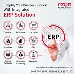 a business man pointing to the erp solution button on his screen with icons surrounding him