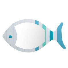 a fish shaped mirror with blue and white stripes on it's body, against a white background