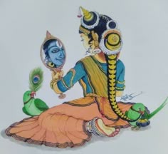 a painting of a woman sitting on the ground with a peacock in her hand and holding a mirror