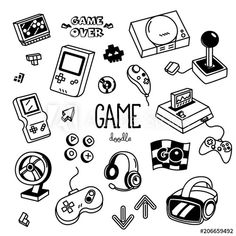 hand drawn game doodles on white background with black and white graphics stock photo image