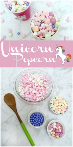 the ingredients for unicorn popcorn in small bowls