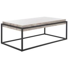 a white marble top coffee table with black metal frame and square base, against a white background