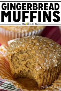 a close up of a muffin on a plate with the words gingerbread muffins below it