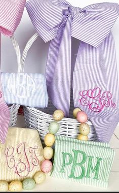 easter baskets with monogrammed towels and eggs