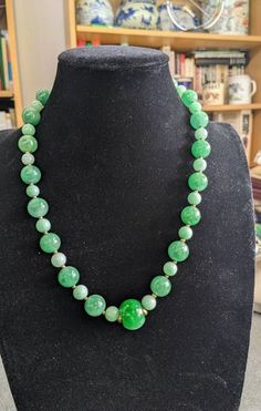 All beads are natural jadeite jade. Length of the necklace:46cm(18') Size of the bead: The biggest one is 1.7cm x 1.3cm The middle ones is 1.2cm dm each  The smallest ones is 0.85cm each Jade Gemstone Beads Necklaces, Green Jade 8mm Beads Jewelry, Beaded Jade Necklaces With Gemstone Beads, Jade Beaded Necklace With Gemstone Beads, Jade Beaded Necklaces With Gemstone Beads, Green Jade Jewelry With 8mm Beads, Vintage Jade Necklaces With Round Beads, Vintage Jade Bead Necklaces, Vintage Jade Beaded Necklaces