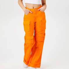 High Rise Utility Cargo Pants - Wide Leg - Flap Pockets - New, Never Worn, Just Took The Tags Off Before Trying On - Neon Orange - Size Xs Baggy Orange Trousers, Orange Wide Leg Bottoms With Pockets, Orange Baggy Trousers, Orange Pants With Pockets For Spring, Orange Cotton Cargo Bottoms, Cotton Cargo Bottoms In Orange, Orange Cotton Bottoms With Pockets, Orange Full-length Bottoms With Pockets, Orange Full-length Pants With Pockets