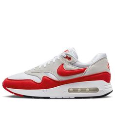 The Nike Air Max 1 '86 OG 'Big Bubble Sport Red' is a classic silhouette with a modern twist. Featuring a white mesh base with grey and red suede overlays on its iconic, larger and longer visible air cushion, this sneaker is perfect for everyday wear. Inspired by the original 'Big Window' design, this sneaker is part of the Air Max 1 series and is sure to make a statement. With a rubber sole for extra cushioning and support, this sneaker is perfect for any activity. (SNKR) Big Bubble, Big Bubbles, Big Windows, Nike Air Max 1, White Mesh, Air Max 1, Window Design, Red Suede, Classic Silhouette