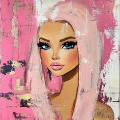 a painting of a barbie doll with pink hair