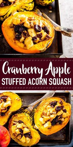 cranberry apple stuffed acorn squash on a baking sheet