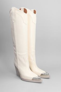 El Dorado texan boots in white leather, pointed toe, side pulltab, metal details, heel 90 mm, 100% suede, leather sole, Made in Italy | Paris Texas Women's El Dorado Texan Boots in White Leather | SS24 Texan Boots, Texas Women, Rodeo Fashion, Paris Texas, Italian Shoes, Croc Leather, Prada Leather, Gorgeous Bags, Sneaker Wedge