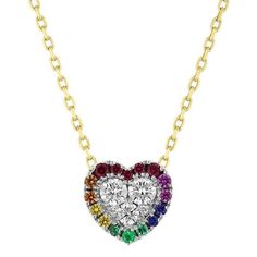 Frederic Sage Multicolored Sapphire & Diamond Cluster Heart Shaped Pendant in White & Yellow Gold | Borsheims Luxury Multicolor Necklaces For Anniversary, Multicolor Diamond Necklaces For Anniversary, Elegant Multicolor Heart Cut Jewelry, Multicolor Brilliant Cut Jewelry For Anniversary, Multicolor Heart Cut Multi-stone Jewelry, Elegant Multicolor Valentine's Day Jewelry, Fine Multi-stone Jewelry For Valentine's Day, Fine Jewelry Multi-stone For Valentine's Day, Multicolor Heart-shaped Gemstone Necklace