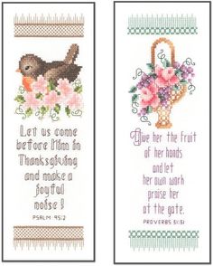 two cross stitch bookmarks with pink flowers and a bird on the front, one has a